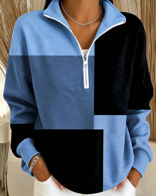 Sweatshirt Karo Farbblock Reißverschluss Stehkragen