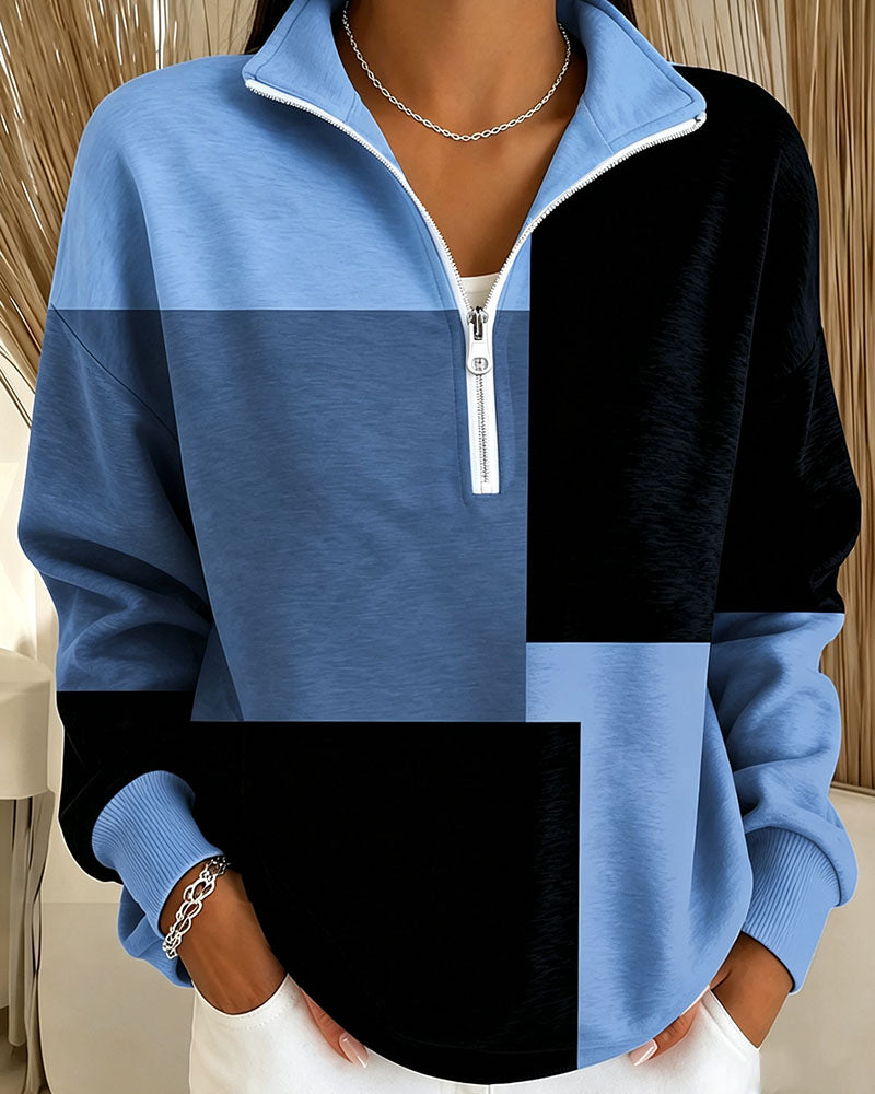 Sweatshirt Karo Farbblock Reißverschluss Stehkragen
