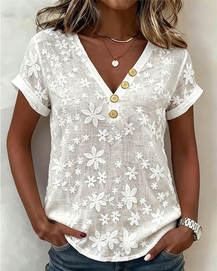 Bluse Unifarben 3D-Floral V-Ausschnitt