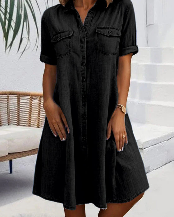 Kleid Kurzarm Kragen Einfarbig Knopf