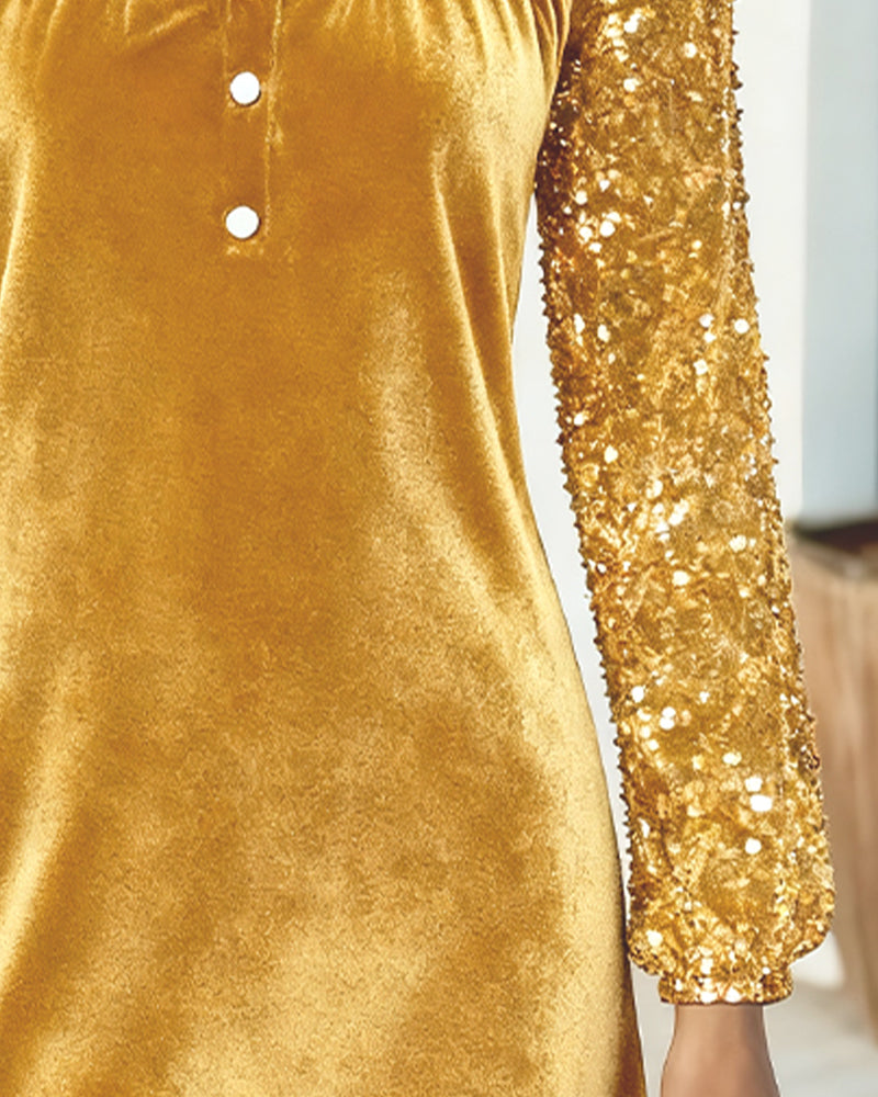 Paillettiertes Samt-Patchwork-Kleid