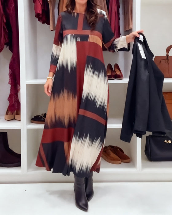 Modisches bedrucktes Kleid mit Rundhalsausschnitt und langen Ärmeln