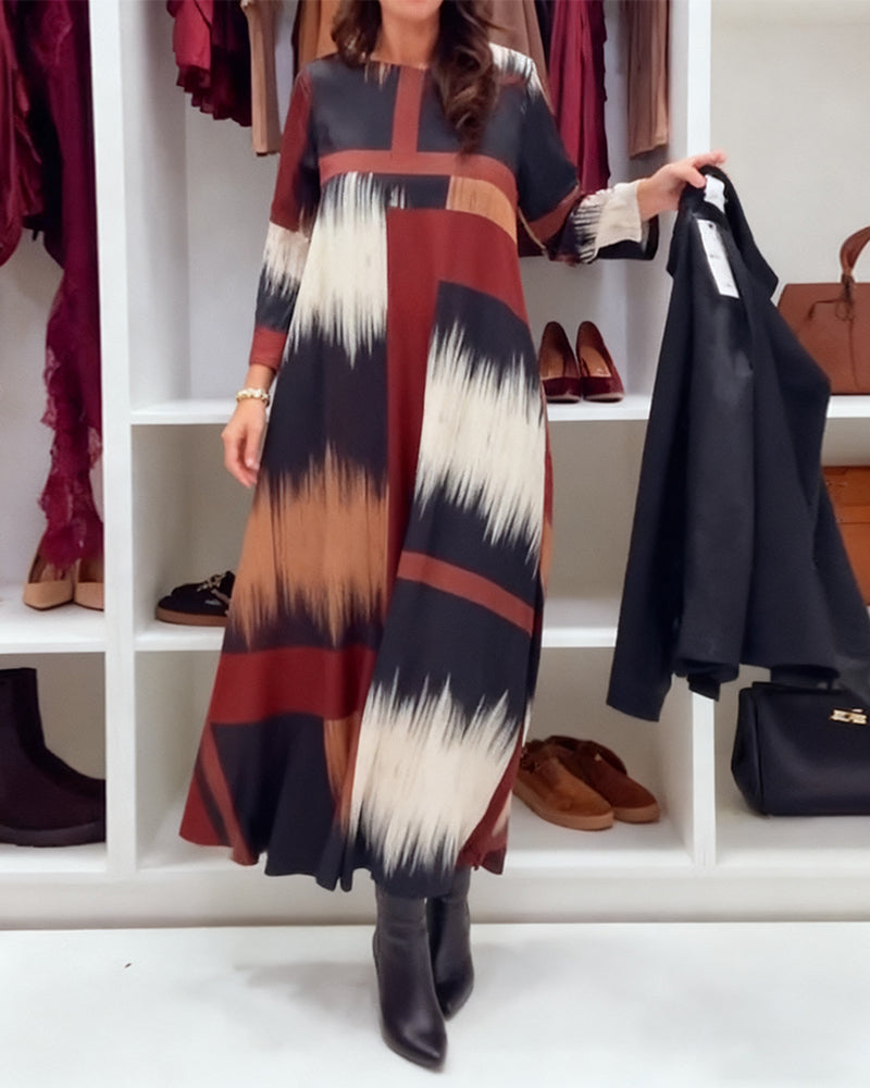 Modisches bedrucktes Kleid mit Rundhalsausschnitt und langen Ärmeln