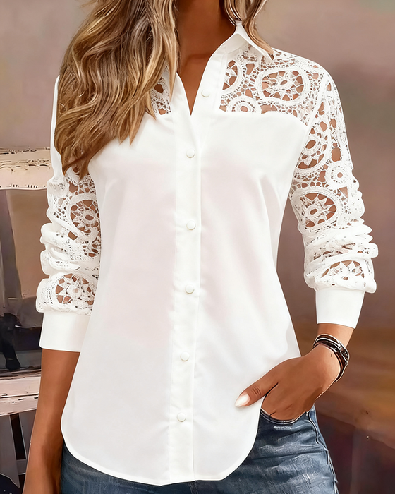 Bluse Uni-Farbe Revers Spitze Patchwork