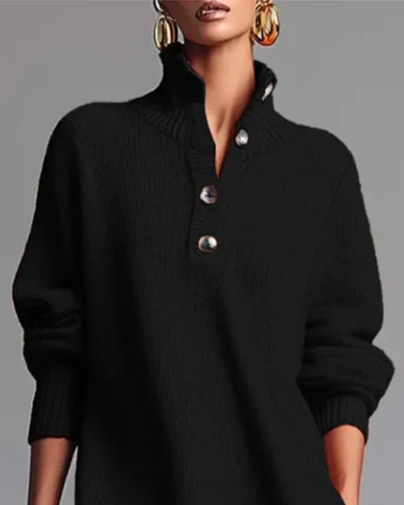 Unifarbenes Kleid mit Knöpfen und hohem Kragen