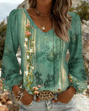 Bluse Floral V-Ausschnitt Puffärmel