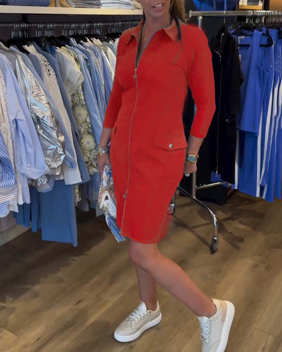 Kleid kragen einfarbig reißverschluss langarm