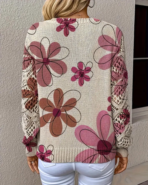 V-Ausschnitt Lochmuster-Strickpullover