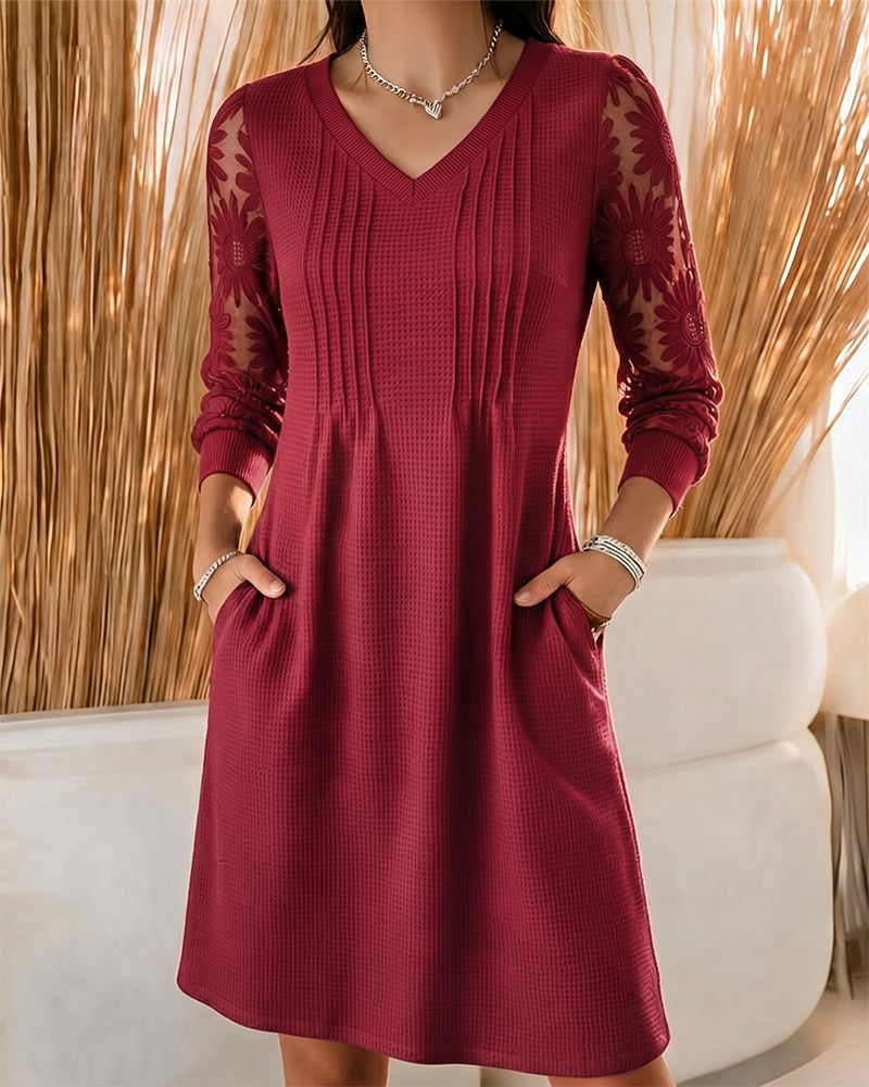 Kleid V-Ausschnitt Gerafft Patchwork