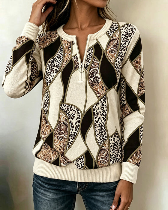 Sweatshirt Rundhals Reißverschluss Leopardenmuster Patchwork