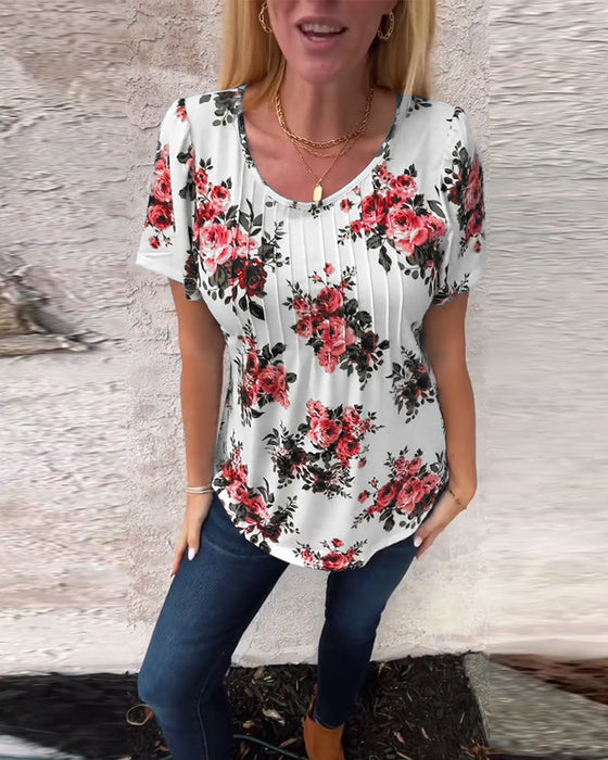 T-Shirt mit Rundhalsausschnitt Blumenmuster plissiert
