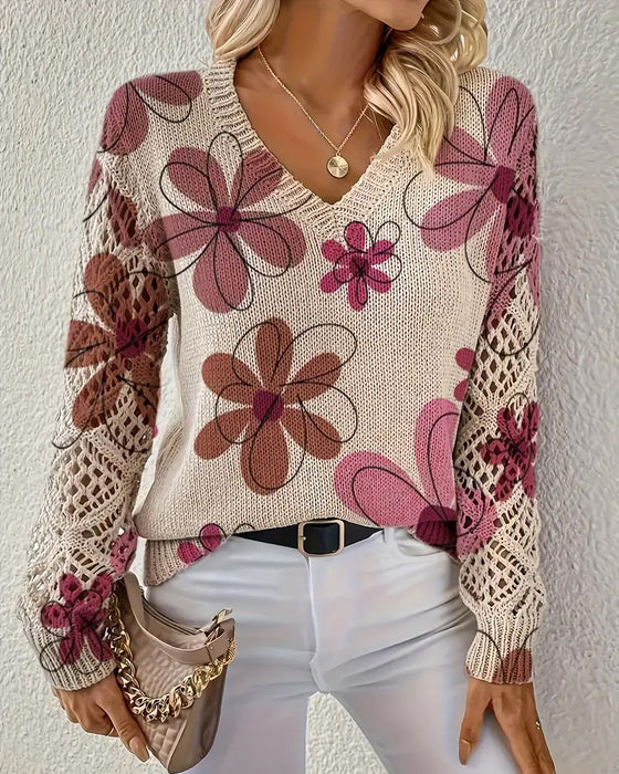 V-Ausschnitt Lochmuster-Strickpullover