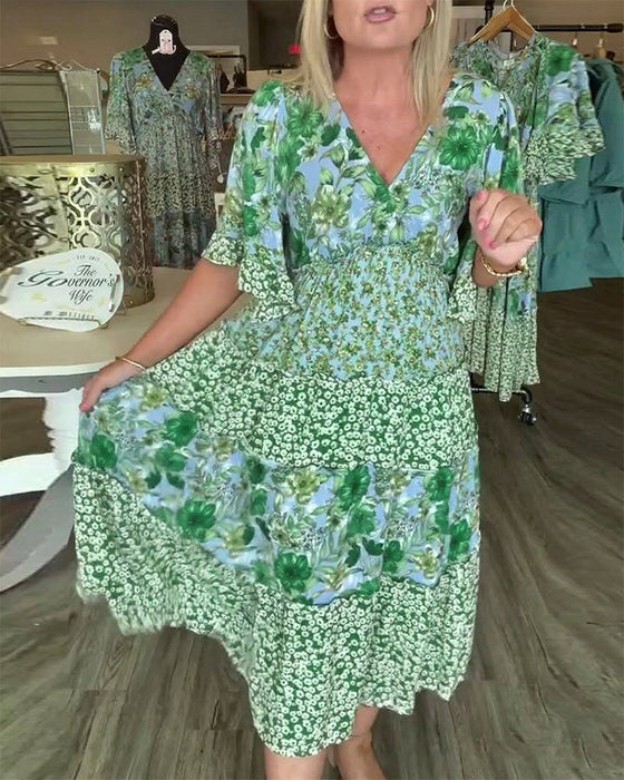 Kleid V-Ausschnitt Lotusärmel Blume