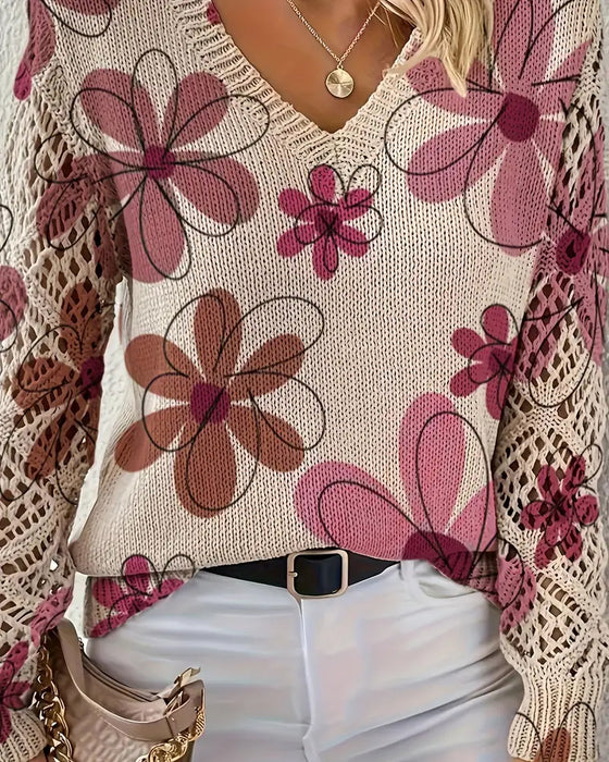 V-Ausschnitt Lochmuster-Strickpullover