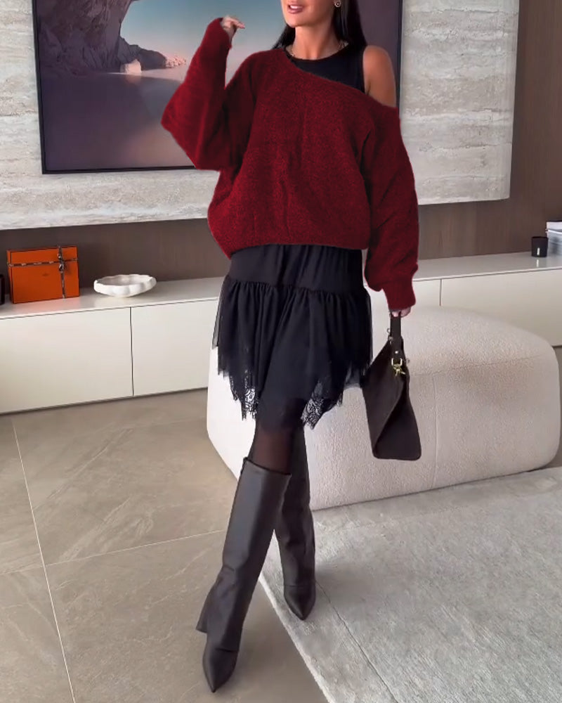 Off-Shoulder Locker Pullover & Spitzensaum Kleid