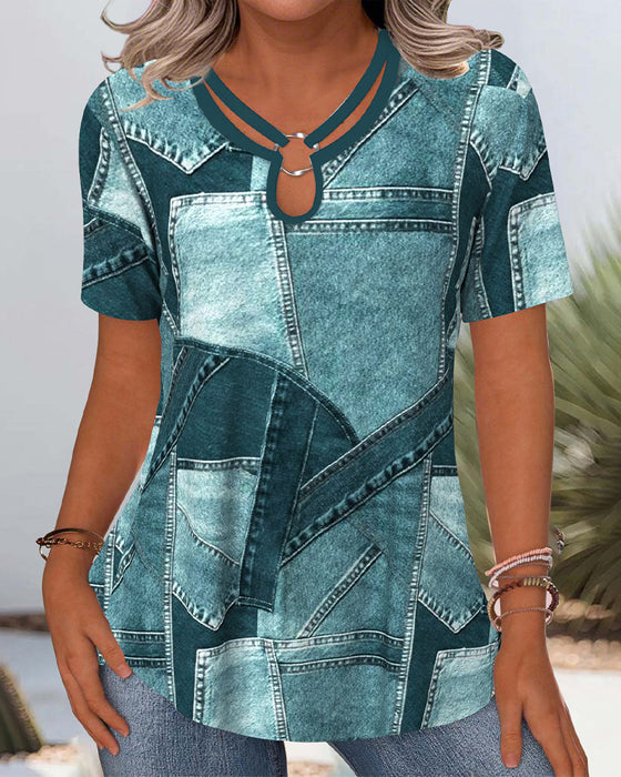 Bluse Vintage Denim Kontrast Cut-Out
