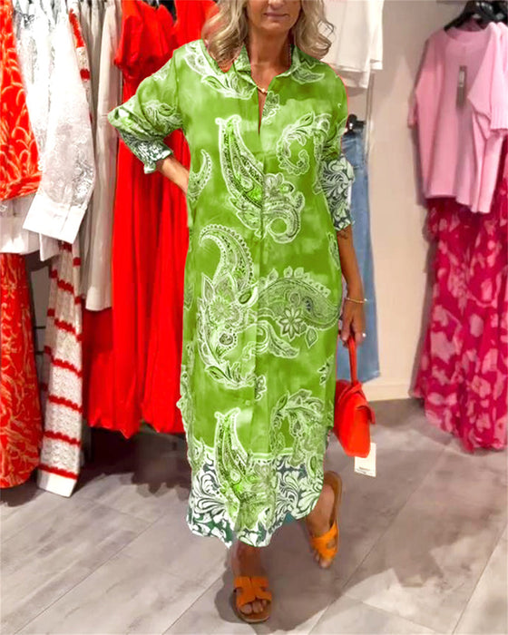 Kleid Stehkragen Langarm Cashew Druck