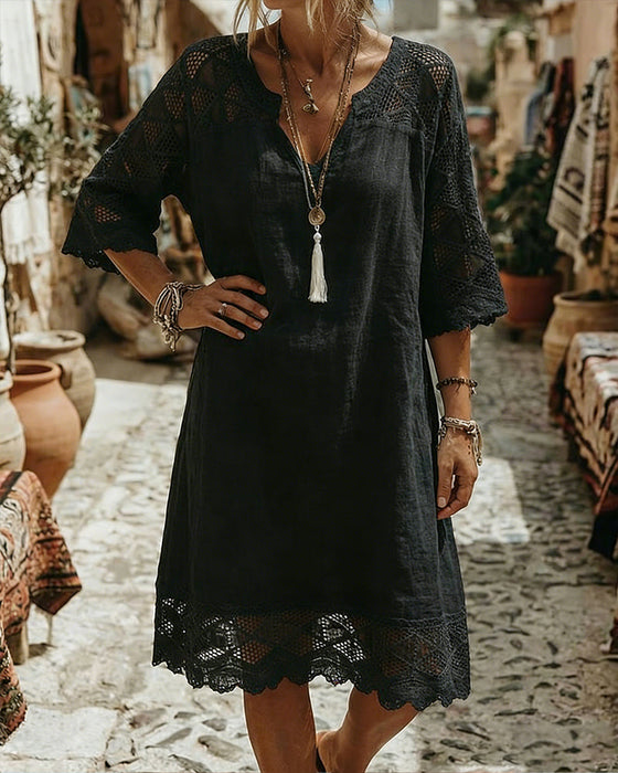 Kleid V-Ausschnitt Spitze Patchwork Lässig