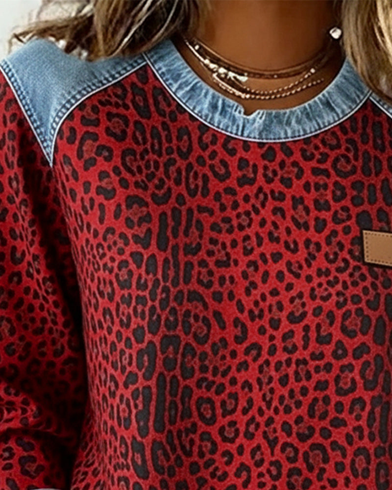 Sweatshirt Leopardenprint Denim Patchwork