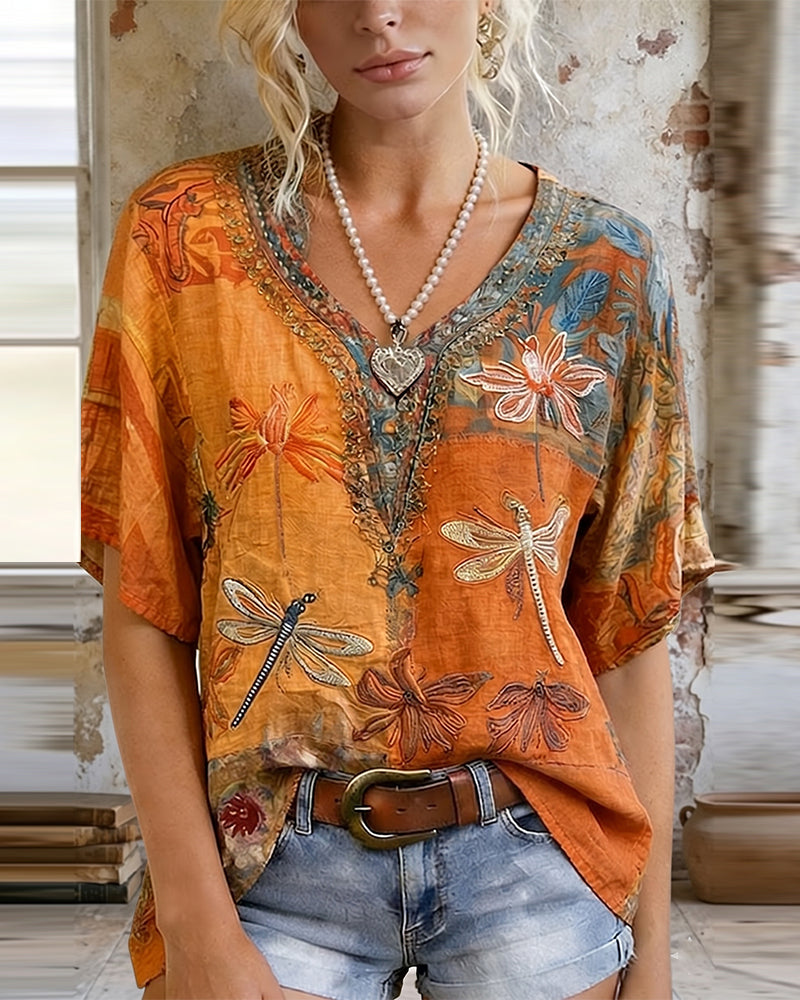 Bluse Vintage Libellenprint Lässig