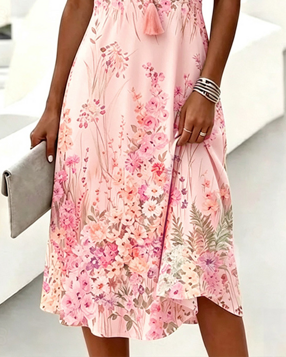Kleid V-Ausschnitt Blumen Kurzarm A-Linie