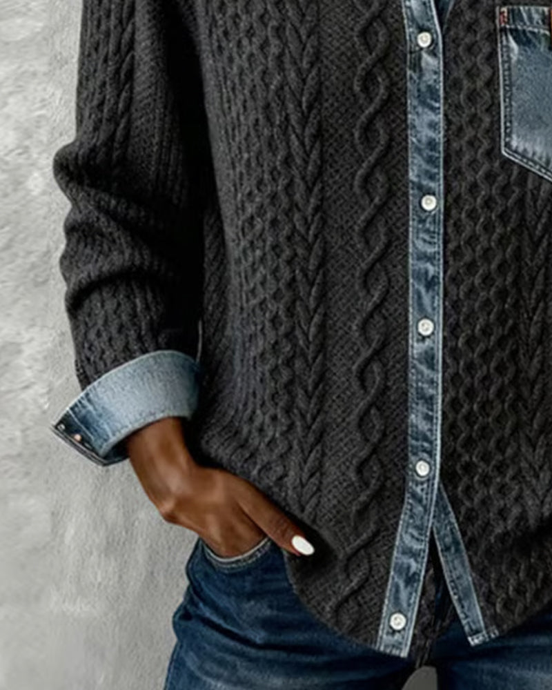 Langärmeliges Hemd mit Denim-Patchwork
