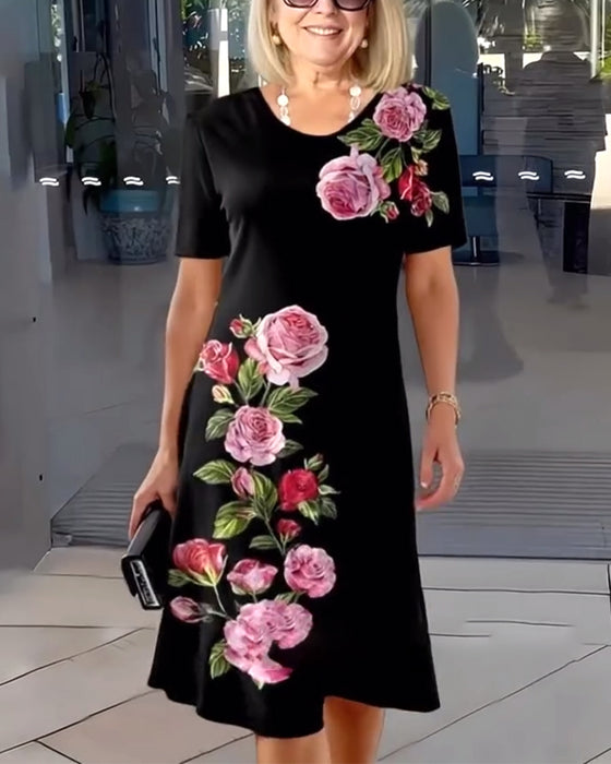 Kleid Kurzärmlig Rosenprint Schlauch