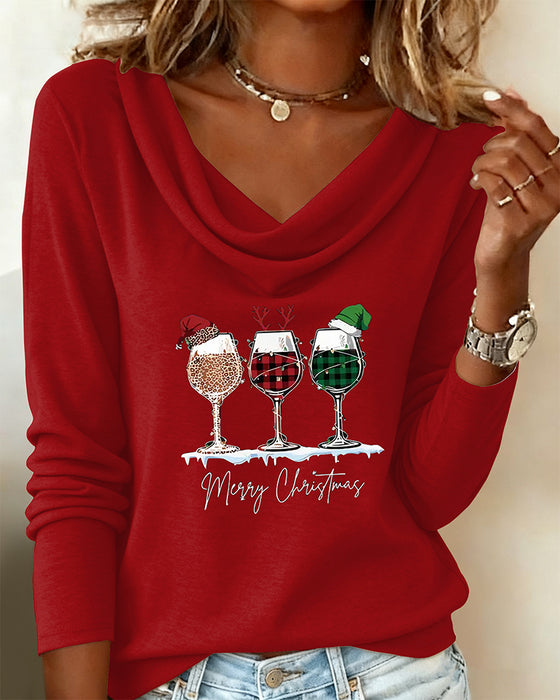 Top mit gestapeltem Kragen und Weinglasdruck