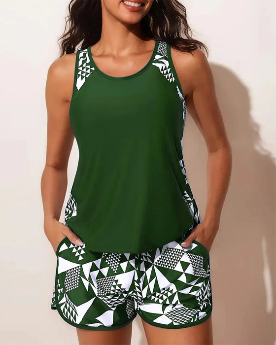Badeanzug Tanktop Geometrisch Druck Zweiteilig