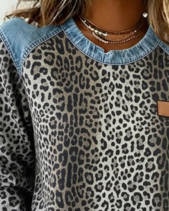 Sweatshirt Leopardenprint Denim Patchwork
