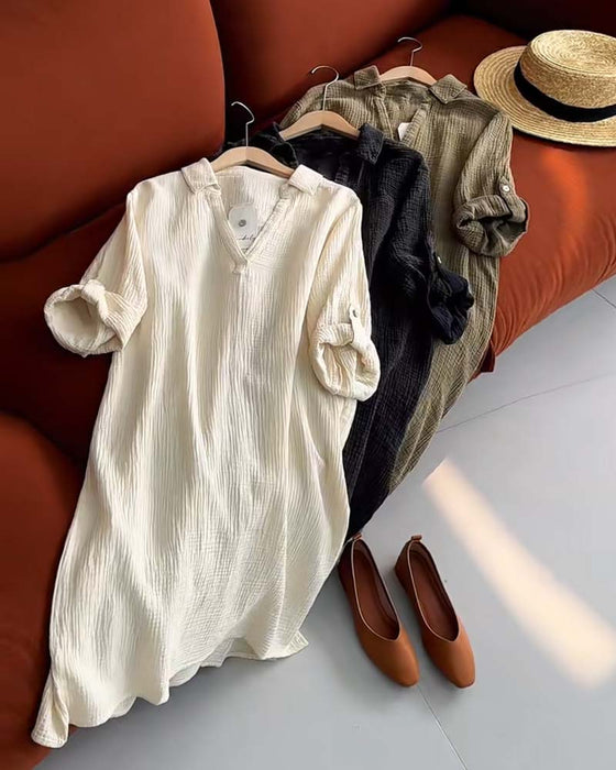 Kleid Langarm Einfarbig Einfacher Kragen