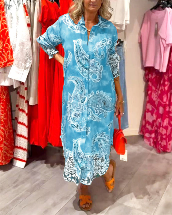 Kleid Stehkragen Langarm Cashew Druck