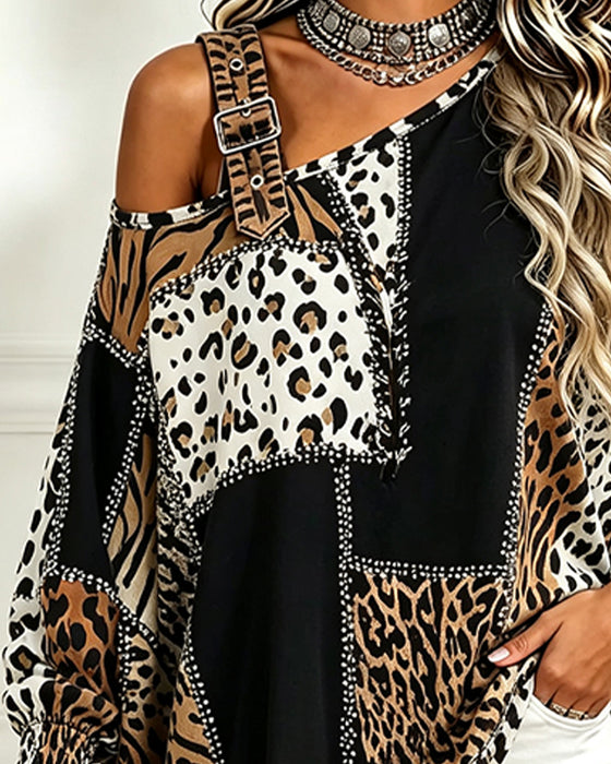 Bluse Leopard Druck Patchwork Asymmetrischer Ausschnitt Langarm