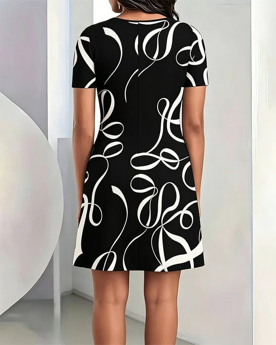 Kleid Linien Druck Rundhalsausschnitt