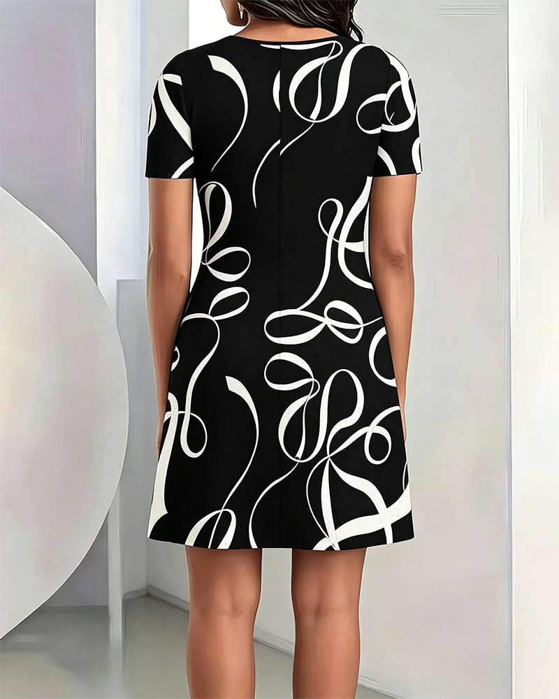 Kleid Linien Druck Rundhalsausschnitt