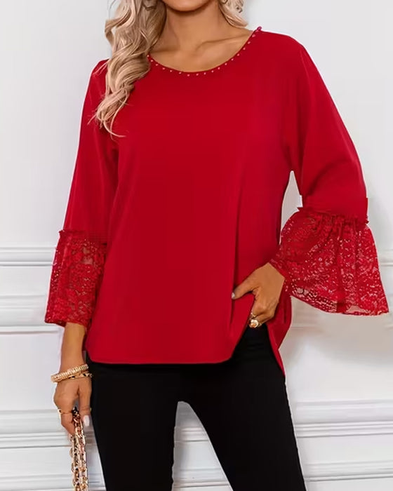 Bluse Spitze Glockenärmel Crewneck
