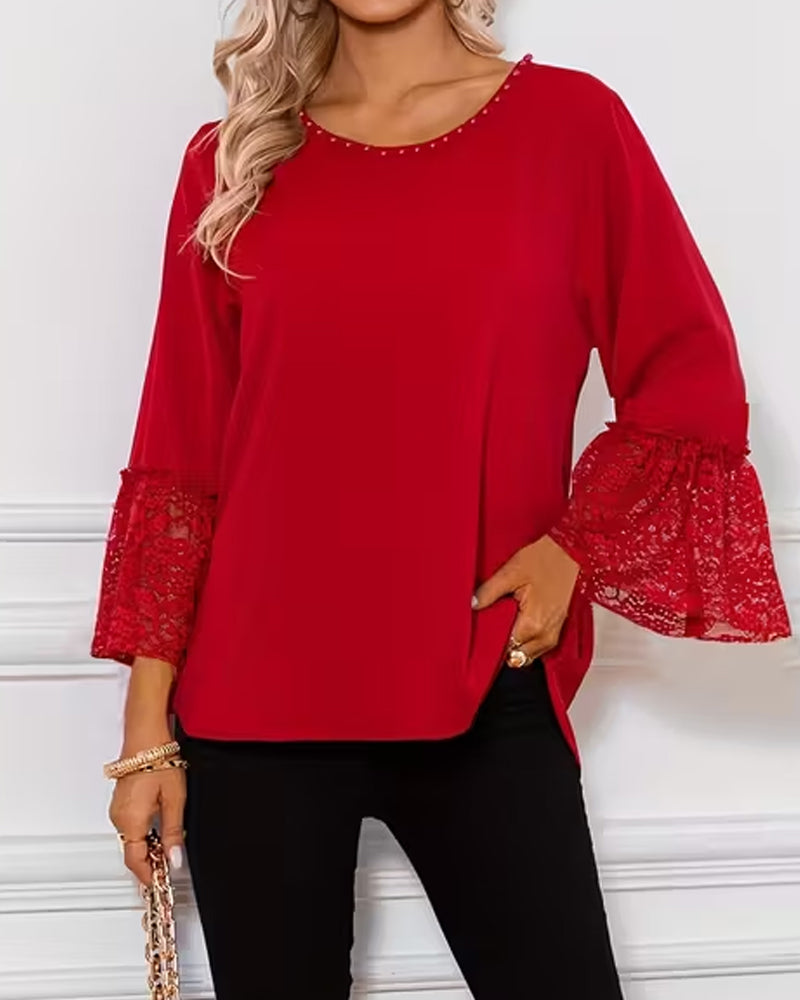 Bluse Spitze Glockenärmel Crewneck