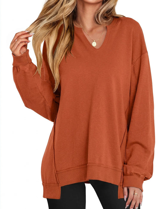 Kleiner V-Ausschnitt, Lässig Weites Langarm Sweatshirt