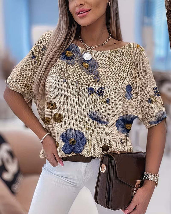 Pullover Rundhals Blumig Ausgeschnitten Locker