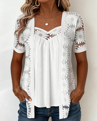 Bluse Falsch Geschichtet Gänseblümchen Spitze Patchwork