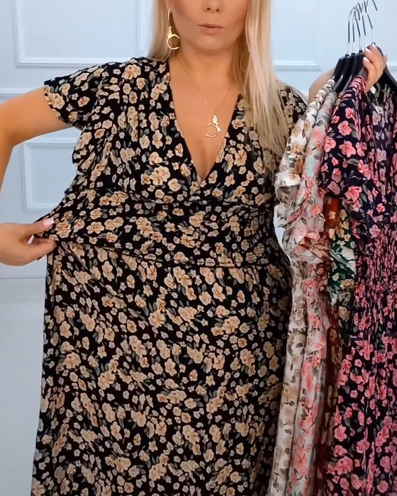 Kleid lässig Blumendruck V-Ausschnitt