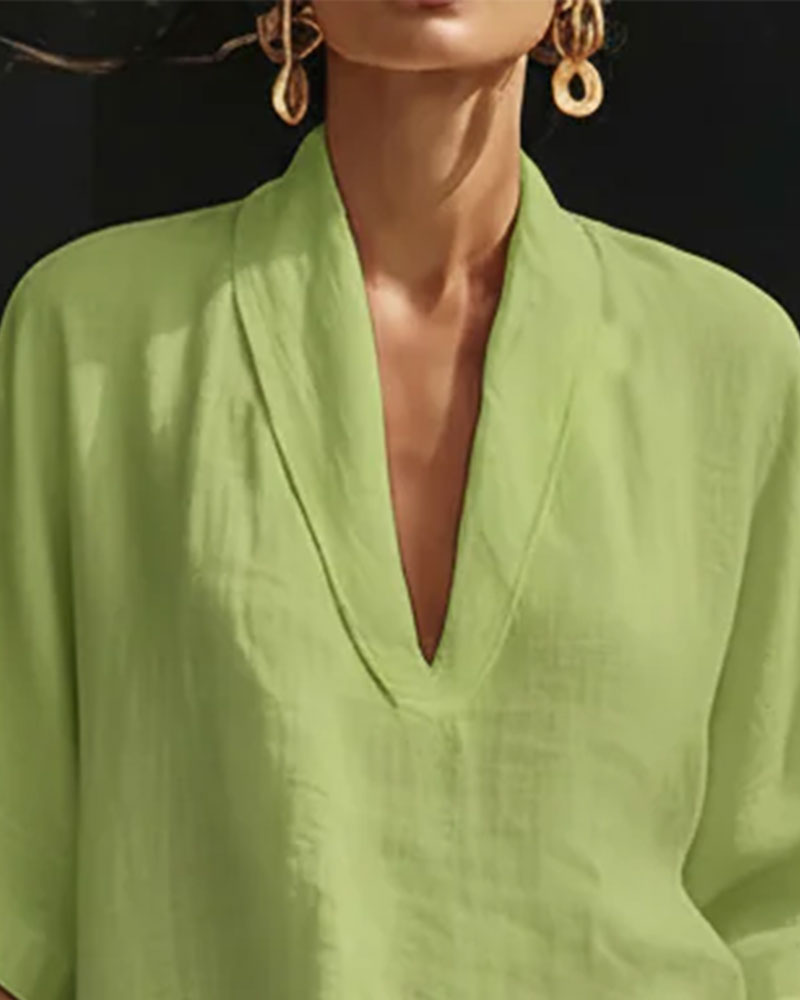 Set V-Ausschnitt Kurz Ärmel Baumwolle Leinen