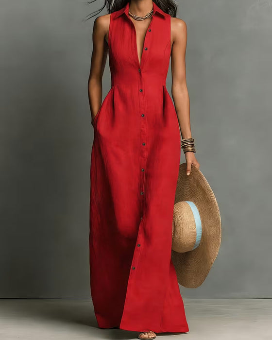 Kleid Ärmellos Kragenhemd Maxi