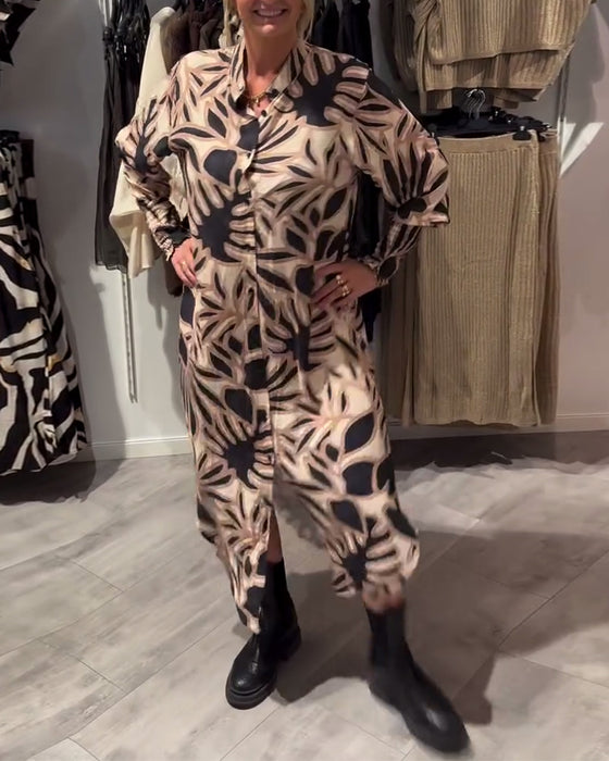 Kleid Knöpfe vorne Blattdruck Hemd