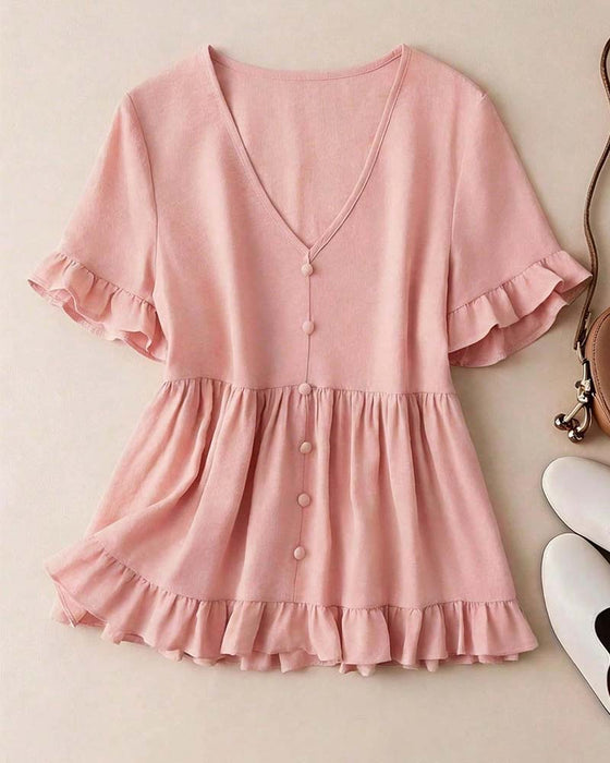 Bluse V-Ausschnitt Rüsche Perle Knopf