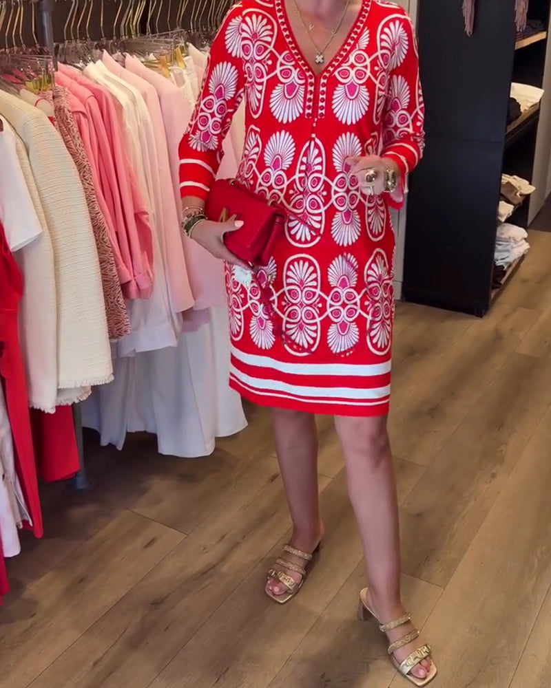 Kleid V-Ausschnitt Gedruckt A-Saum