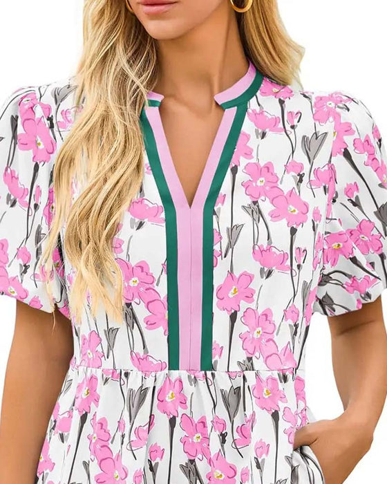 Kleid V-Ausschnitt Blumig Blasenärmel Patchwork