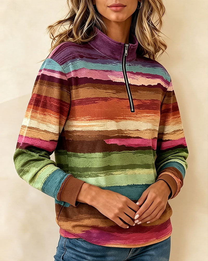 Sweatshirt Vintage Bunt Gestreift Halber Reißverschluss Stehkragen Langarm