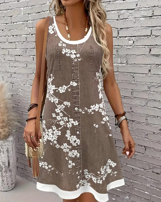 Kleid Lässig Ärmlos Weste Print