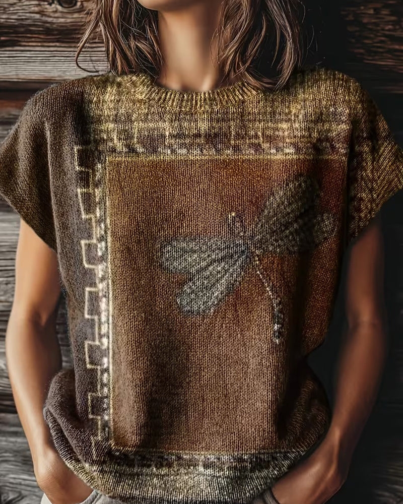 Pullover Libellenprint Rundhalsausschnitt Kurzarm